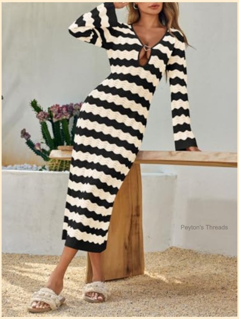 Crochet Striped Cut Out V Neck Long Sleeve Maxi Cover Up Beach Dress - Picture 4 of 7